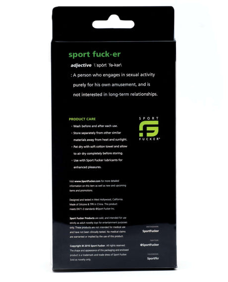 Sport Fucker Ergonomic Ball Stretcher Kit Red packaging with product care instructions and definitions.