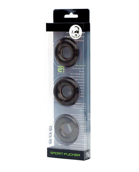 Sport Fucker Chubby Cockring Pack of 3 Smoke in packaging showcasing three stretchy cockrings.