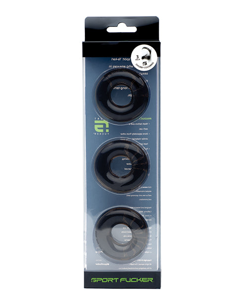 Sport Fucker Chubby Cockring Pack of 3 Smoke featuring three comfortable, stretchy cock rings in packaging.