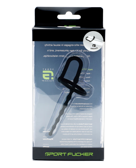 Sport Fucker Dipstick Silicone Urethral Sound Black in packaging, designed for urethral play and comfort.