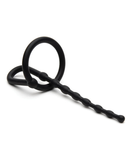 Sport Fucker Dipstick Silicone Urethral Sound Black with a glans ring for urethral play.