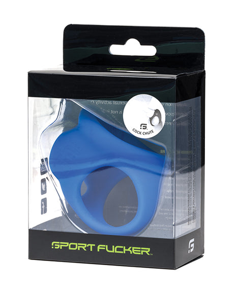 Sport Fucker Cock Chute Silicone Cock Ring Blue in packaging, showcasing its soft silicone design and ball play feature.