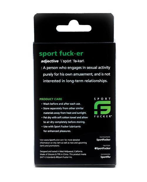 Sport Fucker Chubby Cockring Ice Blue packaging with care instructions and definition of 'sport fucker'