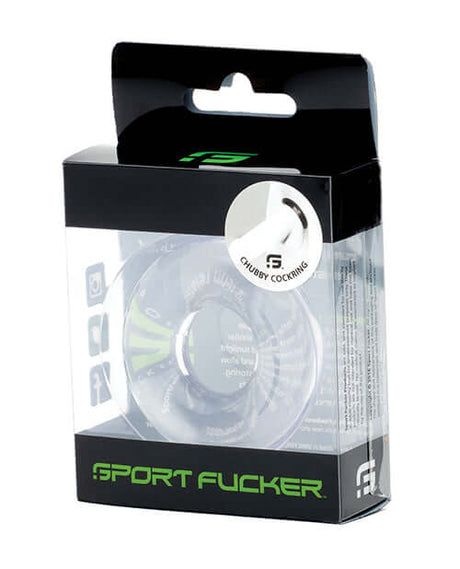 Sport Fucker Chubby Cockring Clear packaging showcasing the stretchy TPE ring inside.