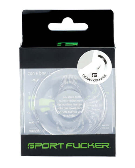 Sport Fucker Chubby Cockring Clear packaging showing product details and features.