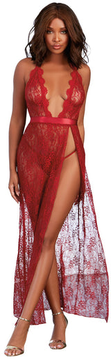 Dreamgirl Lace Gown & G-String Medium Garnet on model, showcasing elegant lace design in rich garnet color.