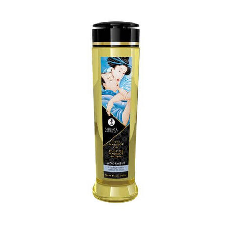 Shunga Massage Oil Adorable Coconut Thrills 8 Oz bottle with elegant design for sensual massages.