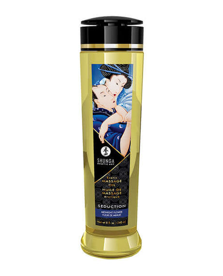 Shunga Massage Oil Seduction Midnight Flower 8 Oz bottle with vibrant label and sleek design for an indulgent massage experience.