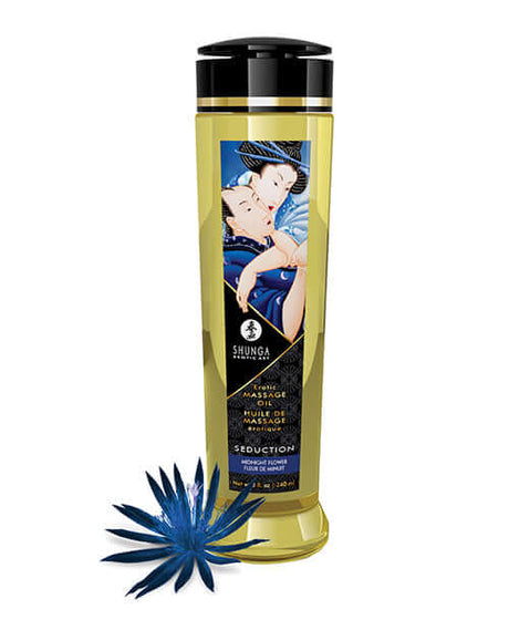 Shunga Massage Oil Seduction Midnight Flower 8 Oz in a sleek bottle with floral decor for indulgent massage.