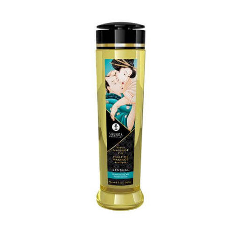 Shunga Massage Oil Sensual Island Blossoms 8 Oz bottle featuring tropical floral design for intimate massages.