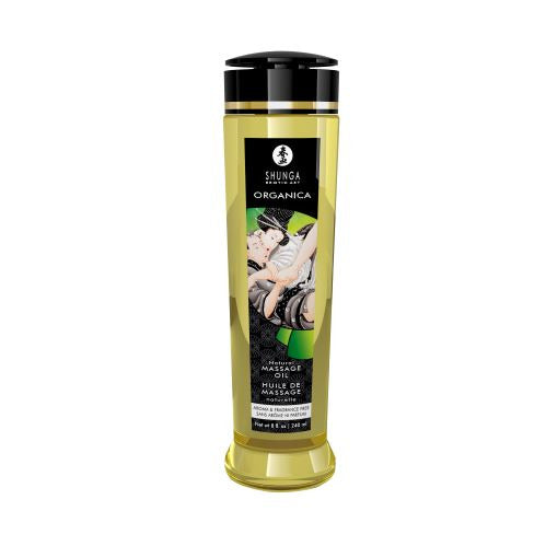 Shunga Organica Massage Oil Natural 8 Oz bottle featuring organic ingredients for a luxurious massage experience.