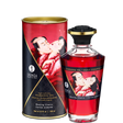 Shunga Warming Massage Oil Blazing Cherry 3.5 Oz packaging with a romantic illustration of a couple kissing.
