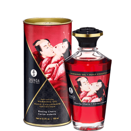 Shunga Warming Massage Oil Blazing Cherry 3.5 Oz packaging with a romantic illustration of a couple kissing.