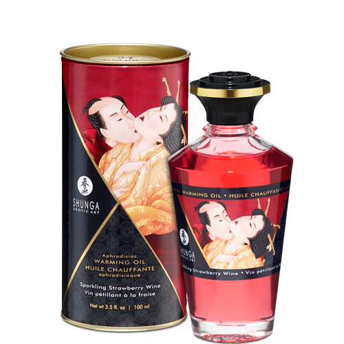 Shunga Warming Massage Oil Sparkling Strawberry Wine 3.5 Oz in elegant packaging, designed for intimate experiences.