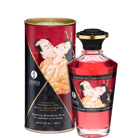 Shunga Warming Massage Oil Sparkling Strawberry Wine 3.5 Oz in elegant packaging, designed for intimate experiences.