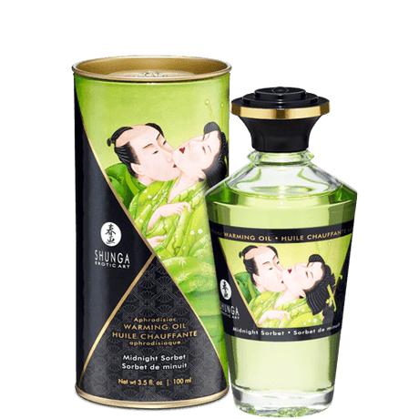 Shunga Warming Massage Oil Midnight Sorbet 3.5 Oz in elegant packaging, perfect for enhancing intimate moments.