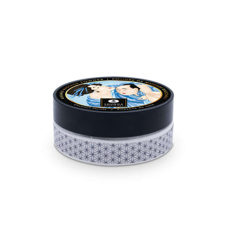 Shunga Coconut Body Massage Powder 2.65 Oz beautifully packaged with colorful design and feather tickler.