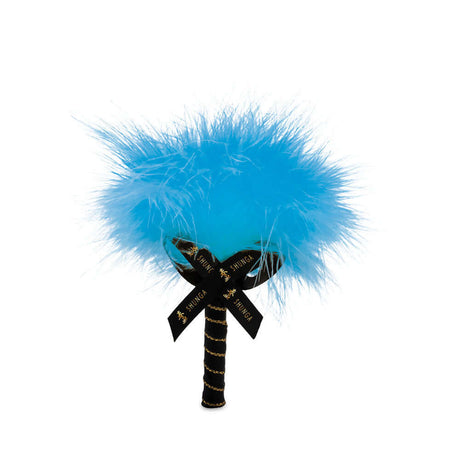 Shunga Coconut Body Massage Powder 2.65 Oz feather tickler in bright blue color with black ribbon.