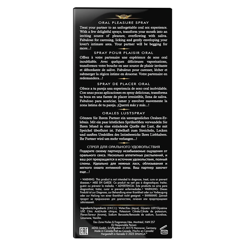 Shunga Waves Of Pleasure Oral Pleasure Spray Watermelon product label detailing ingredients and usage instructions.