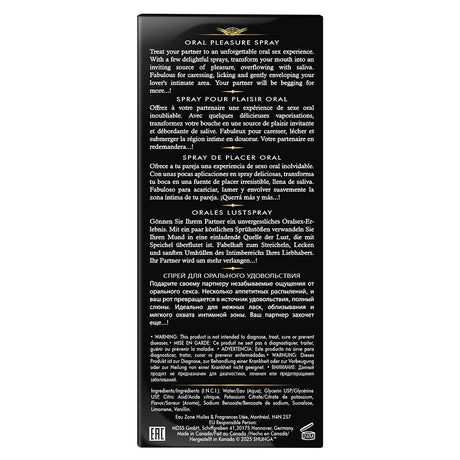 Shunga Waves Of Pleasure Oral Pleasure Spray Watermelon product label detailing ingredients and usage instructions.