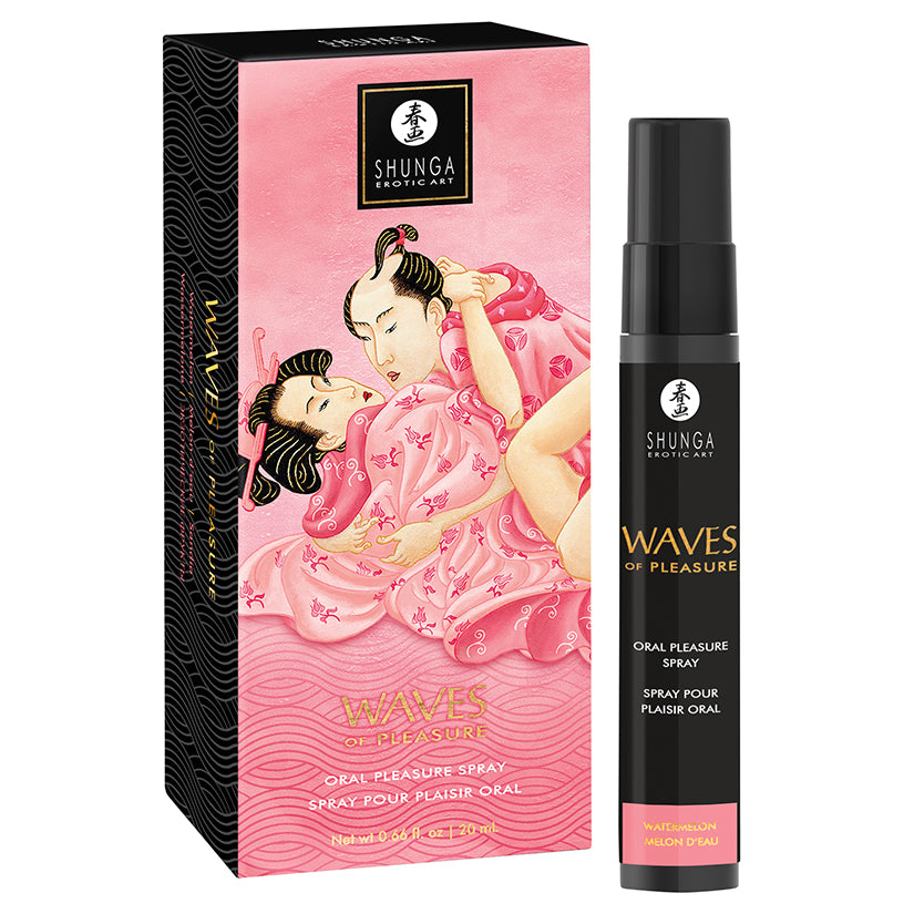 Shunga Waves Of Pleasure Oral Pleasure Spray Watermelon packaging and bottle for enhanced intimate experiences.