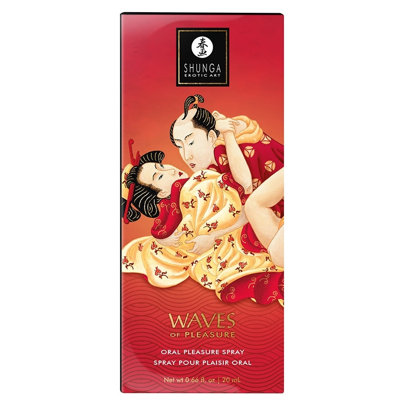 Shunga Waves Of Pleasure Oral Pleasure Spray Sparkling Strawberry box packaging with artistic design.