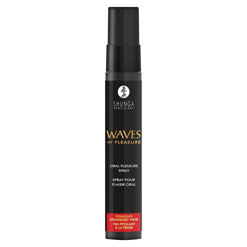 Shunga Waves Of Pleasure Oral Pleasure Spray Sparkling Strawberry in a sleek black bottle for sweet intimate moments.