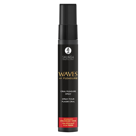 Shunga Waves Of Pleasure Oral Pleasure Spray Sparkling Strawberry in a sleek black bottle for sweet intimate moments.