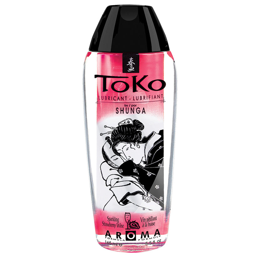 Shunga Toko Aroma Lubricant Sparkling Strawberry Wine 5.5 Oz bottle with colorful design and elegant artwork.