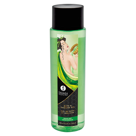 Shunga Kissable Bath & Shower Gel Sensual Mint 12.5 Oz bottle in a vibrant green design.