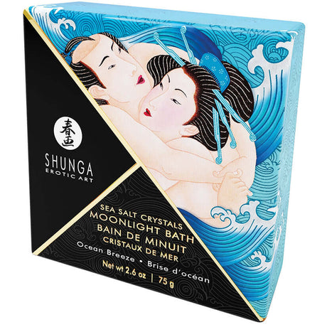 Shunga Moonlight Bath Sea Salt Crystals Ocean Breeze 2.6 Oz packaging design featuring ocean wave patterns and romantic imagery.