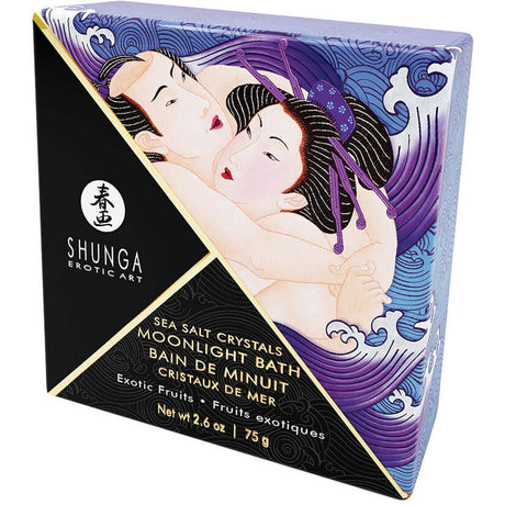 Shunga Moonlight Bath Sea Salt Crystals Exotic Fruits 2.6 Oz packaging featuring vibrant design and sensual imagery.
