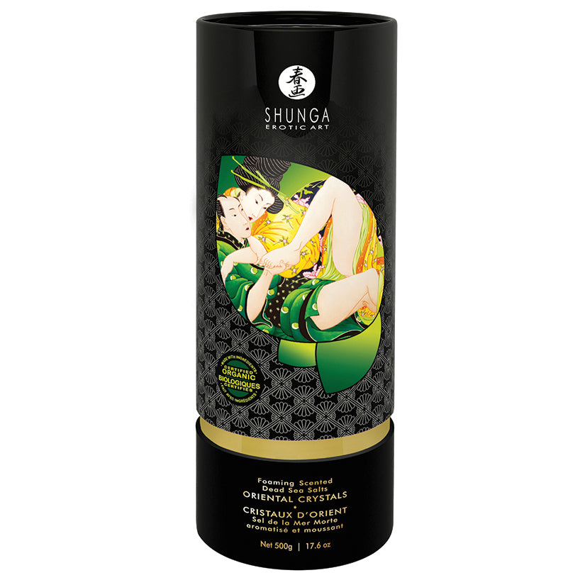 Shunga Oriental Crystals Bath Salts-lotus Flower 17.6 Oz bottle with elegant packaging and floral design.