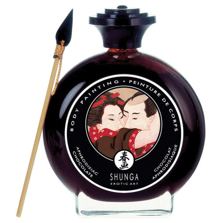 Shunga Body Painting Aphrodisiac Chocolate 3.5 Oz in an elegant bottle with a wooden applicator, perfect for intimate creativity.