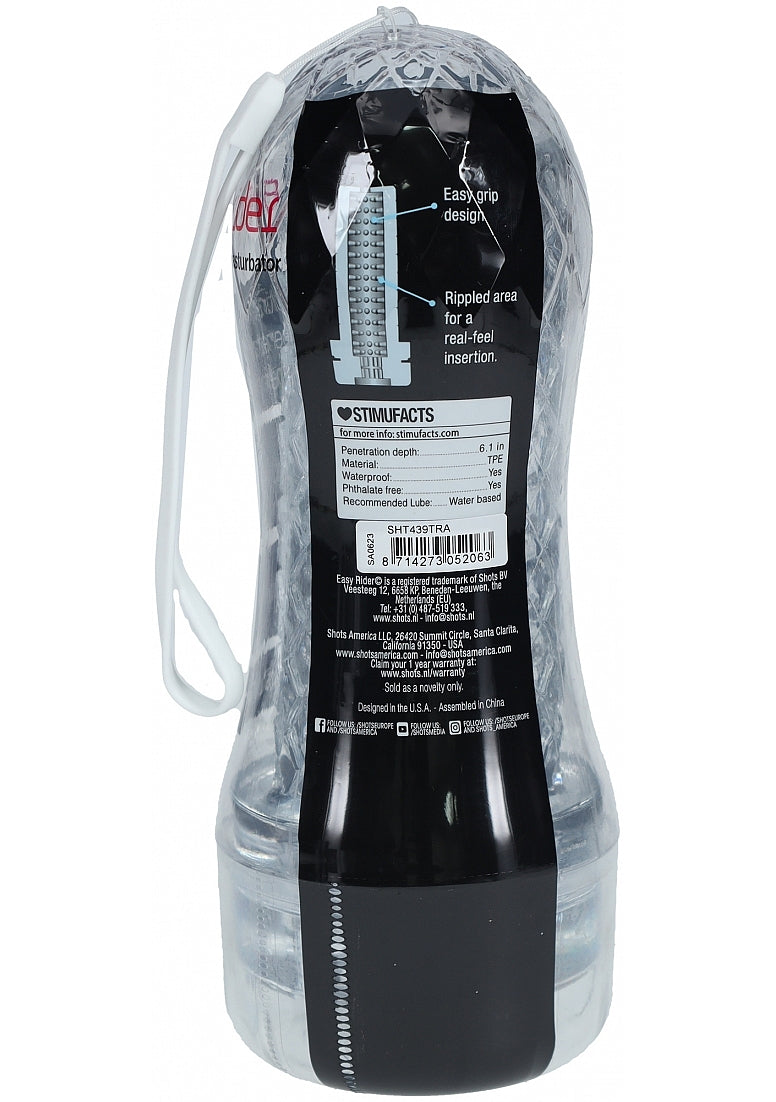 Easy Rider Clear Rounded Case Transparent Masturbator with easy grip design and rippled area for real-feel insertion.