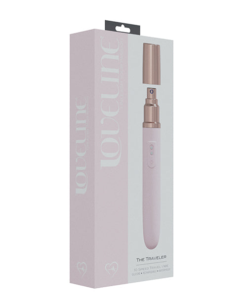 Shots LoveLine The Traveler Rechargeable Vibrator Pink packaging showcasing a discreet design perfect for travel.