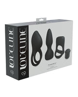 Shots LoveLine Pleasure Kit Black packaging featuring versatile stimulators and bullet for intimate pleasure.