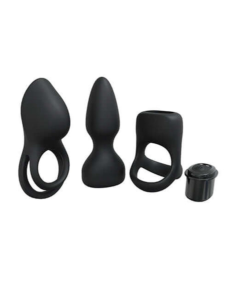 Shots LoveLine Pleasure Kit Black with black silicone accessories and a powerful bullet for versatile stimulation.