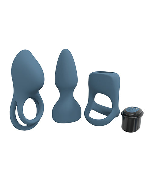 Shots LoveLine Pleasure Kit Blue Grey three silicone stimulation toys and a bullet vibrator in blue and grey.