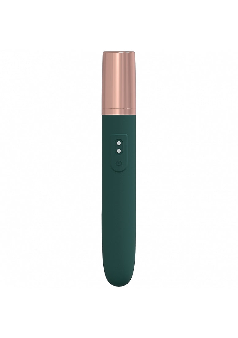Loveline The Traveler Travel Vibe Forest Green vibrator with a sleek design and rose gold accents.
