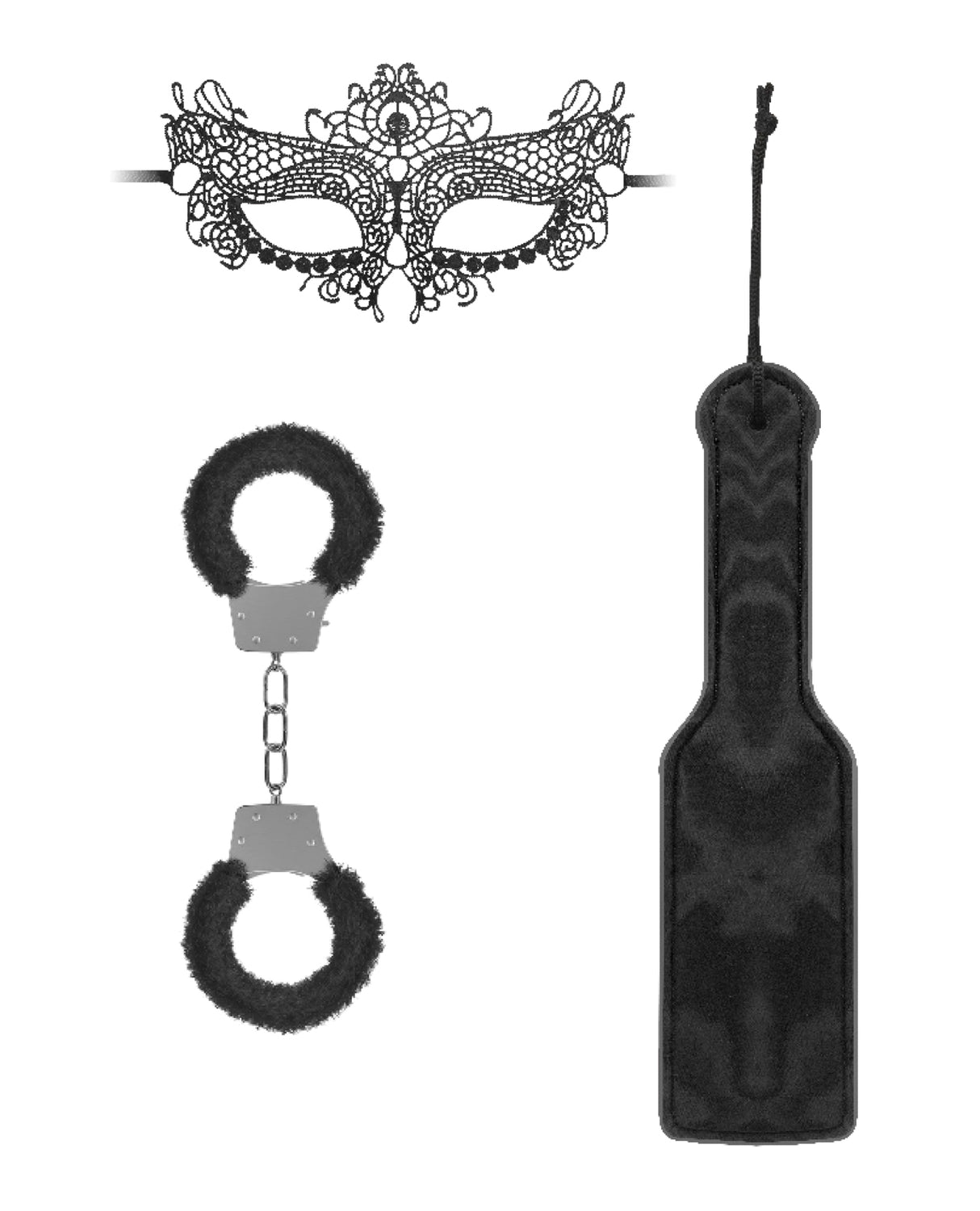 Shots Ouch Introductory Bondage Kit No 3 Black - includes a lace mask, furry handcuffs, and a paddle.