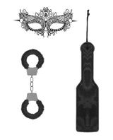 Shots Ouch Introductory Bondage Kit No 3 Black - includes a lace mask, furry handcuffs, and a paddle.