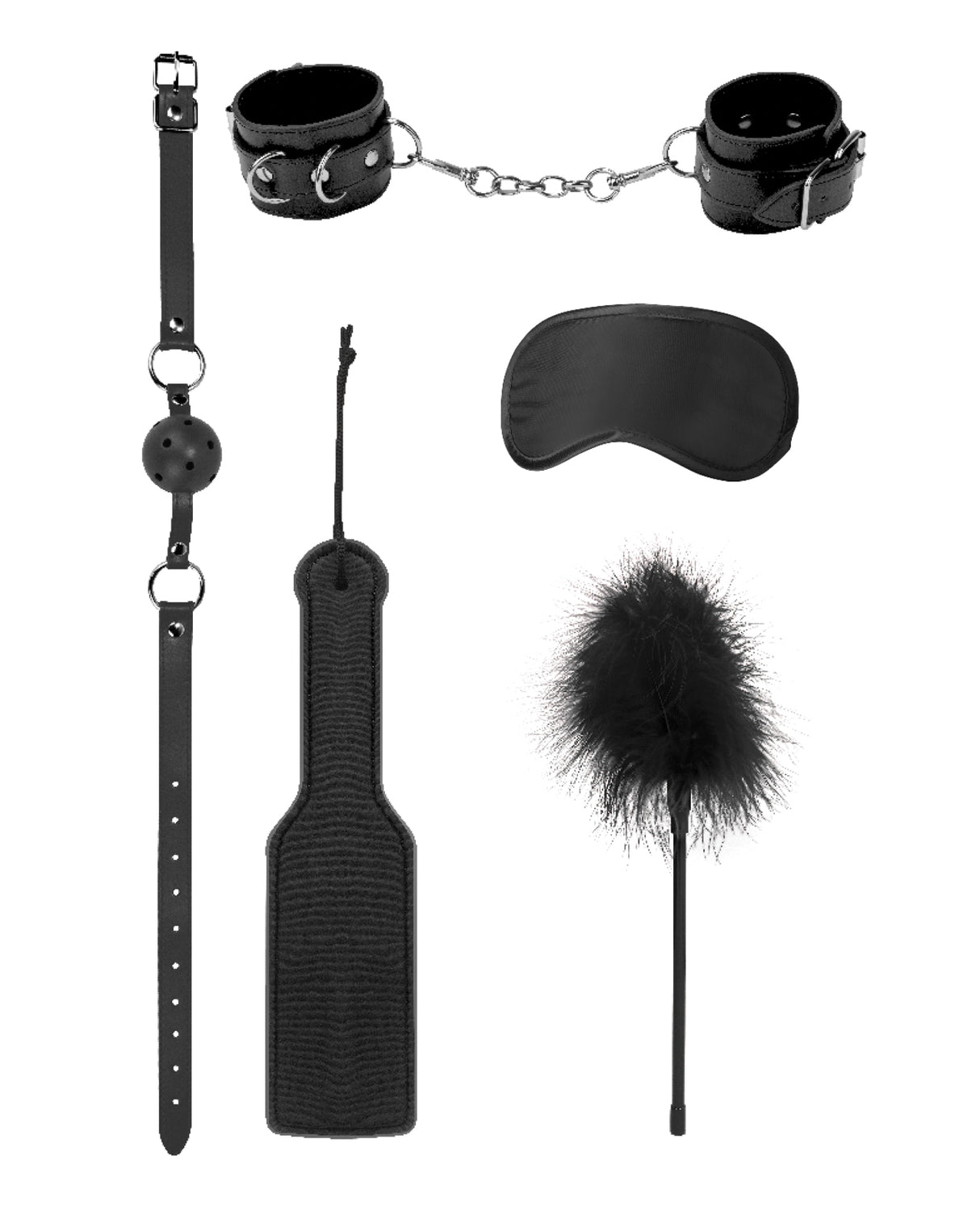 Shots Ouch Introductory Bondage Kit No 4 Black, featuring handcuffs, a ball gag, blindfold, paddle, and feather tickler.