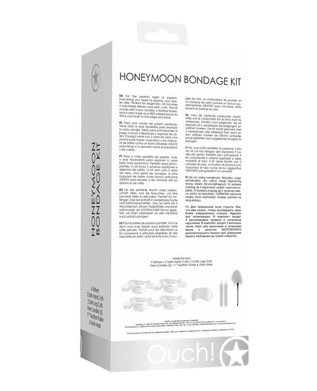 Shots Ouch Honeymoon Bondage Kit White packaging showcasing its contents and features for sensual restraint play.