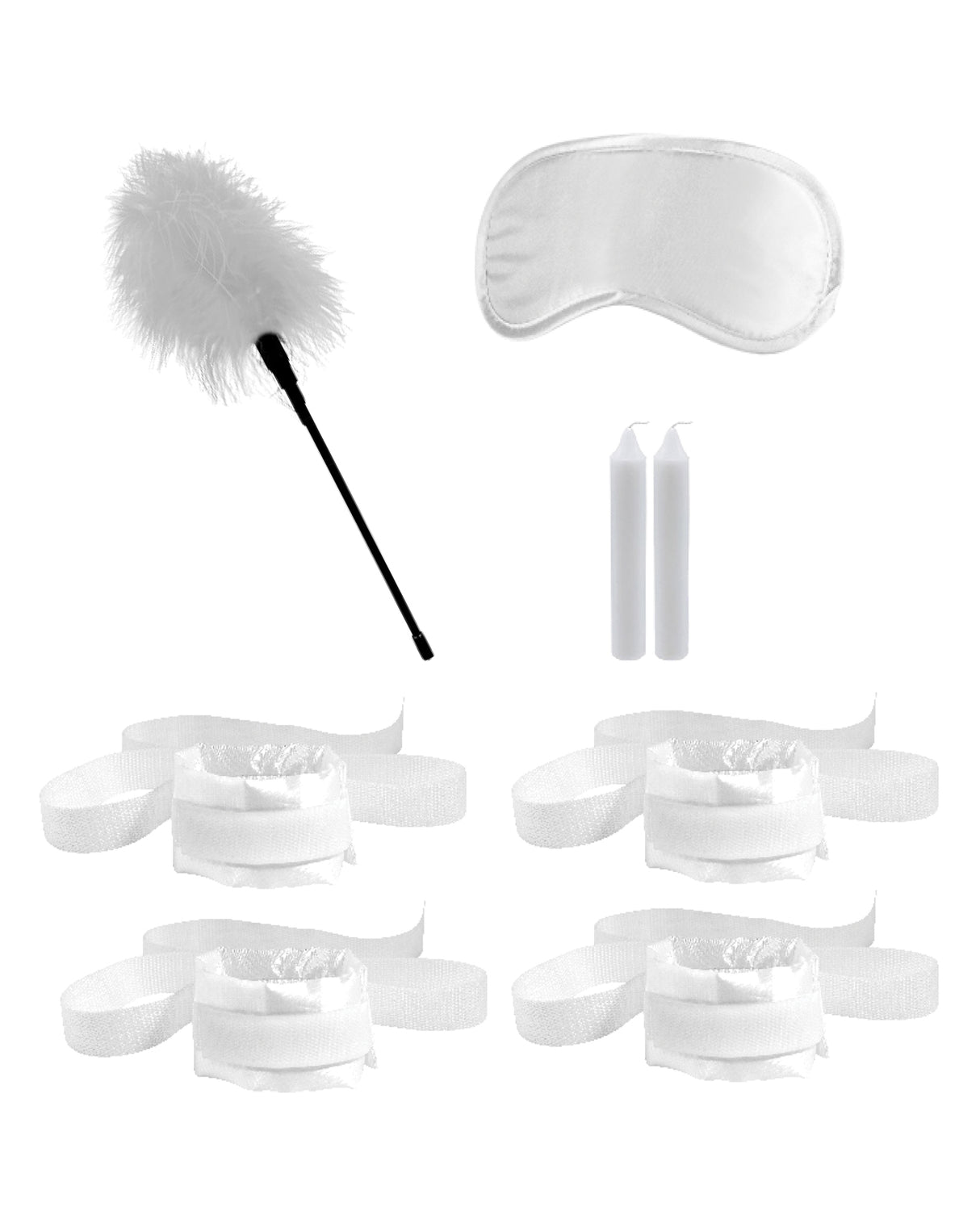Shots Ouch Honeymoon Bondage Kit White, featuring restraints, a feather tickler, blindfold, and candles.