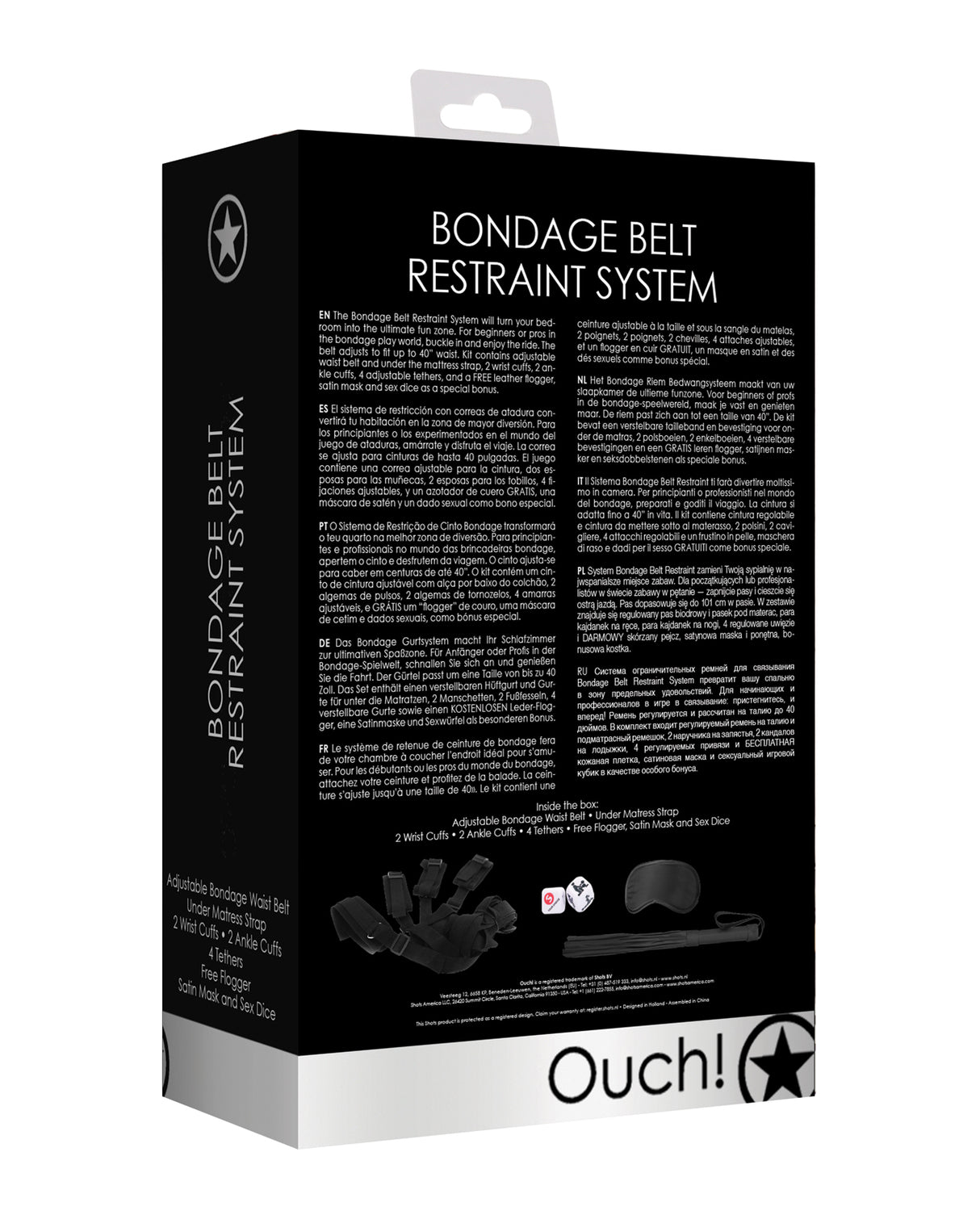 Shots Ouch Bondage Belt Restraint System Black product packaging featuring detailed instructions and components.