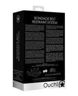 Shots Ouch Bondage Belt Restraint System Black product packaging featuring detailed instructions and components.