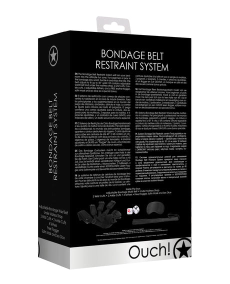 Shots Ouch Bondage Belt Restraint System Black product packaging featuring detailed instructions and components.