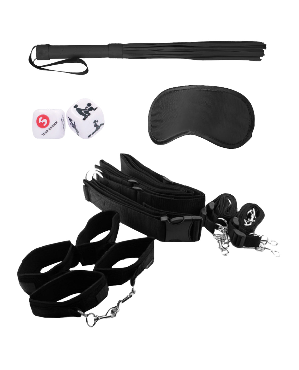 Shots Ouch Bondage Belt Restraint System Black with whip, blindfold, and under-the-bed straps.