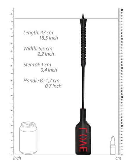 Shots Ouch Love Crop Large Black dimensions showing length and width, perfect for couples exploring discipline.